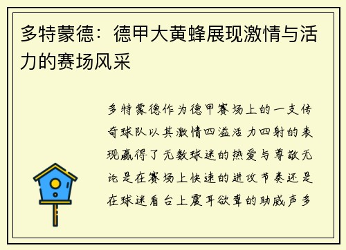 多特蒙德：德甲大黄蜂展现激情与活力的赛场风采